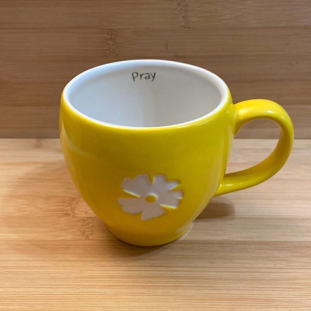 Plain Jane 2010 Yellow “Pray” Coffee Mug Cup with White Flower
